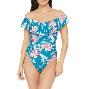 LA BLANCA Off Shoulder Flyaway Orchid Floral Print One Piece Swimsuit 16 NEW
